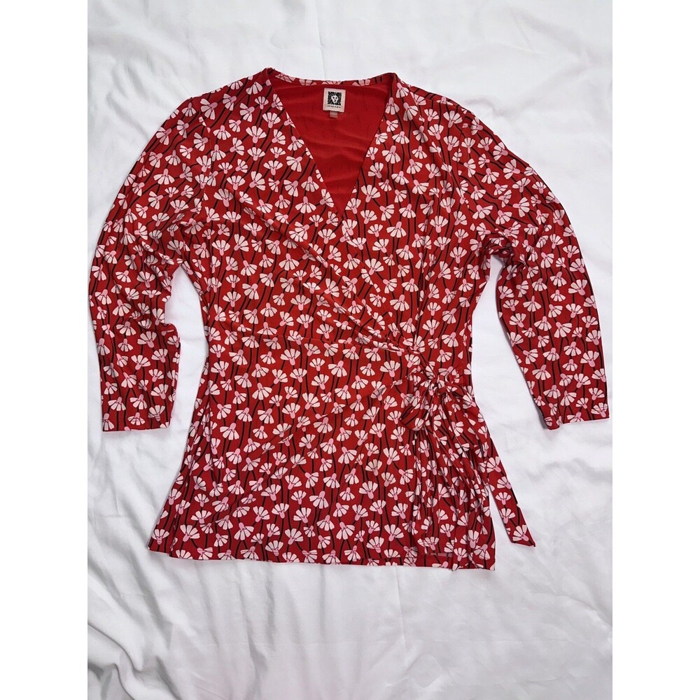 Anne Klein Shirt Womens Red Geometric Wrap Tie 3/4 Sleeve Tunic Sz L